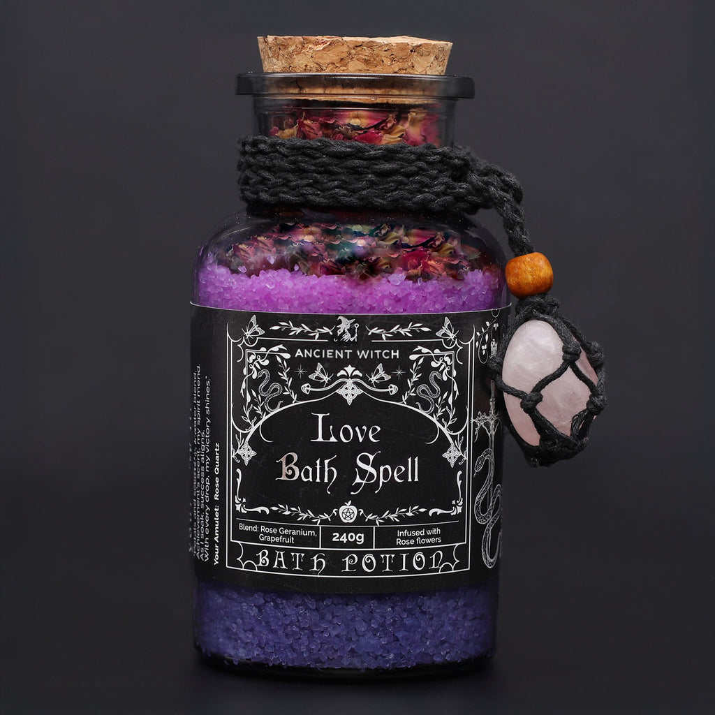 Poción Antiguo Hechizo de Baño de Bruja y amuleto de cristal de cuarzo rosa - Amor