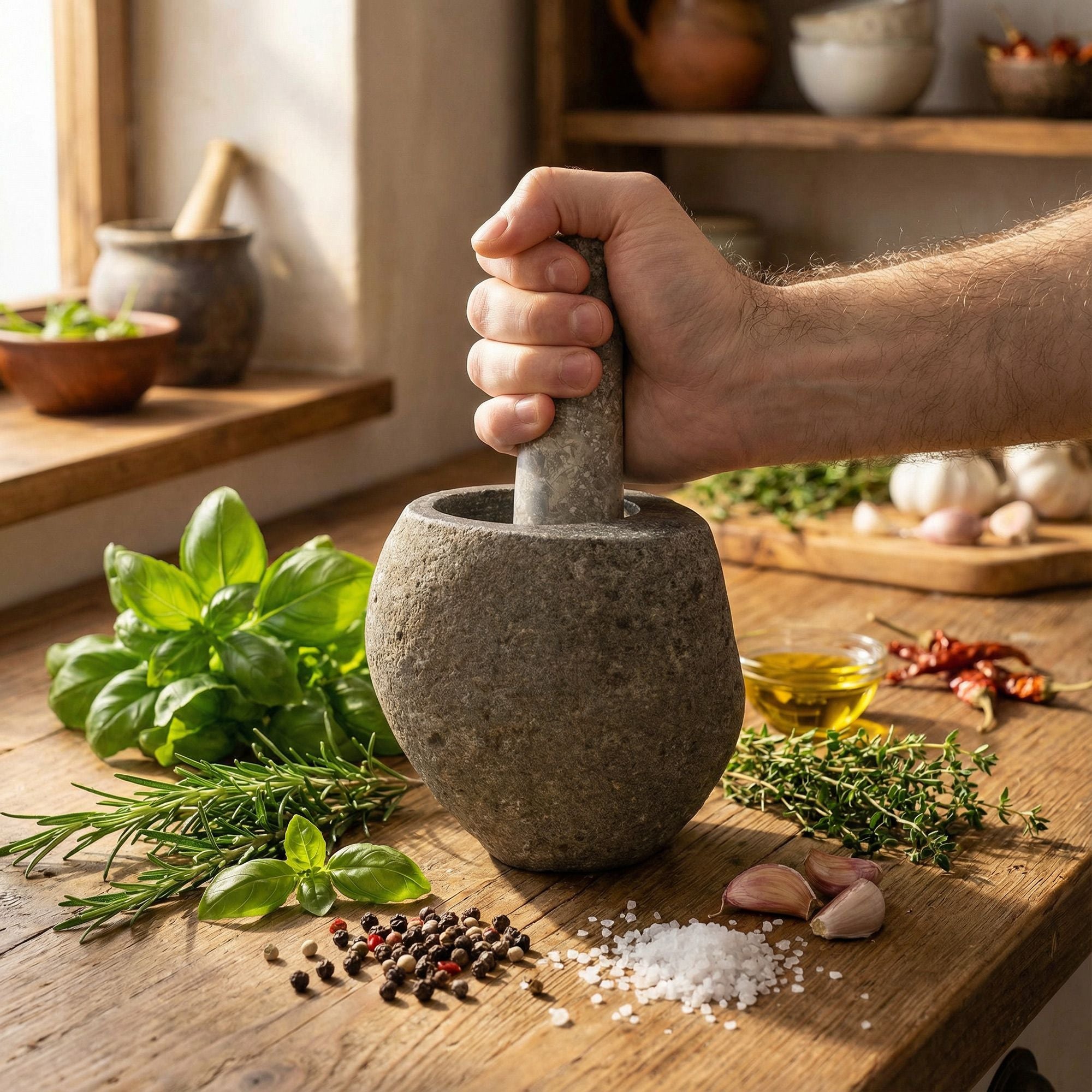 Mortero y Maja de Piedra Natural o Madera de Teca ( 6 modelos )