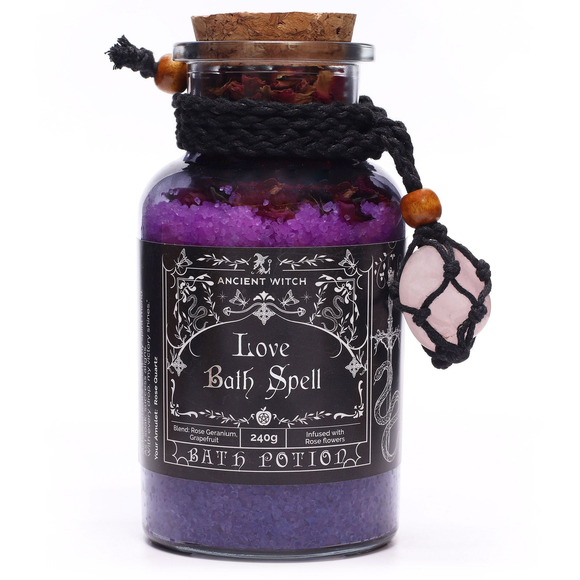 Poción Antiguo Hechizo de Baño de Bruja y amuleto de cristal de cuarzo rosa - Amor
