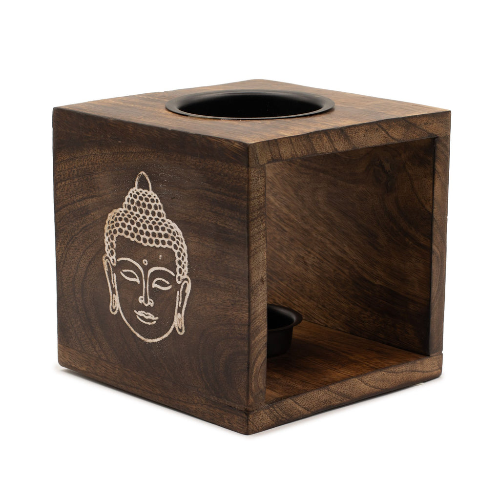 Gran quemador de aceite de madera de mango cuadrado - Cara de Buda