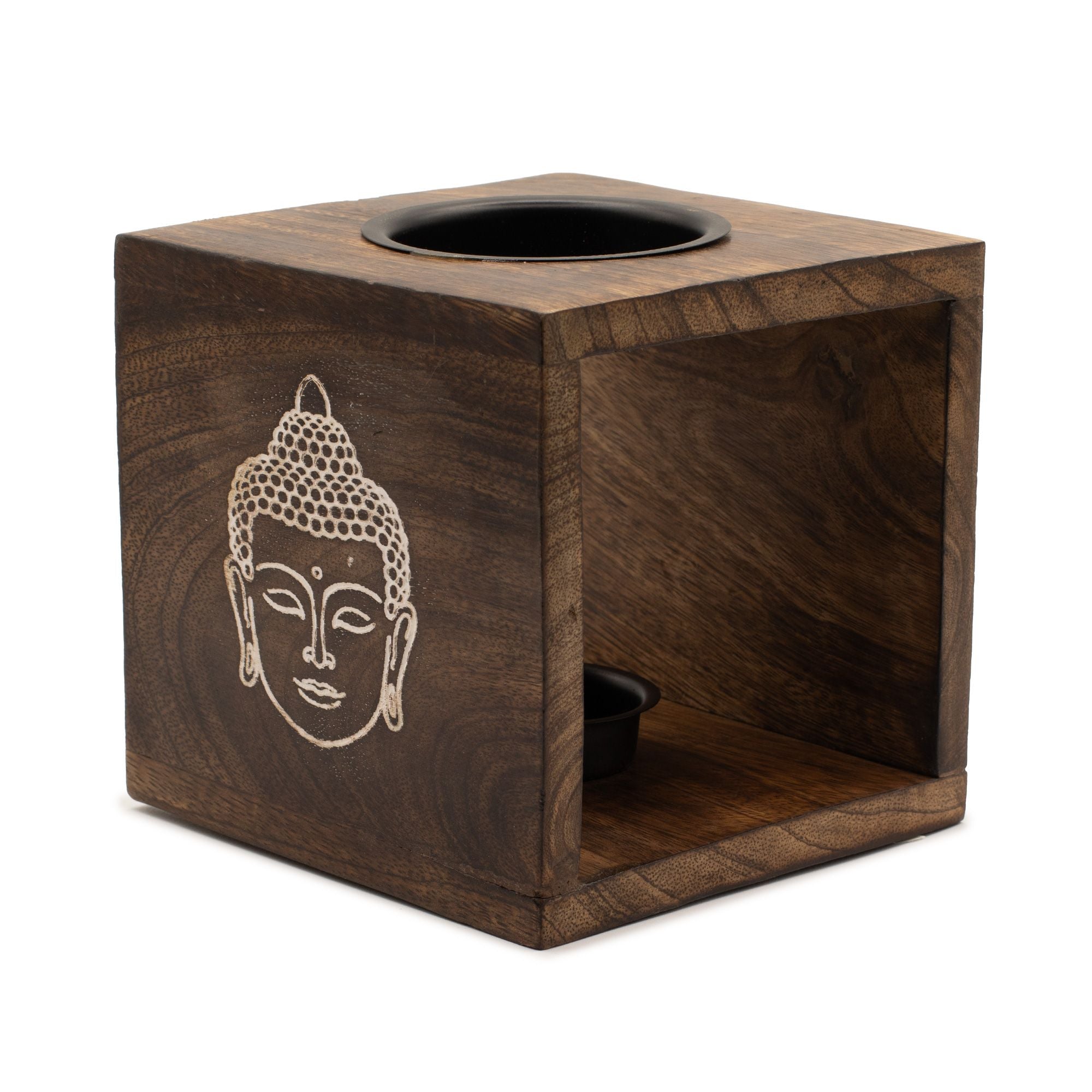 Gran quemador de aceite de madera de mango cuadrado - Cara de Buda
