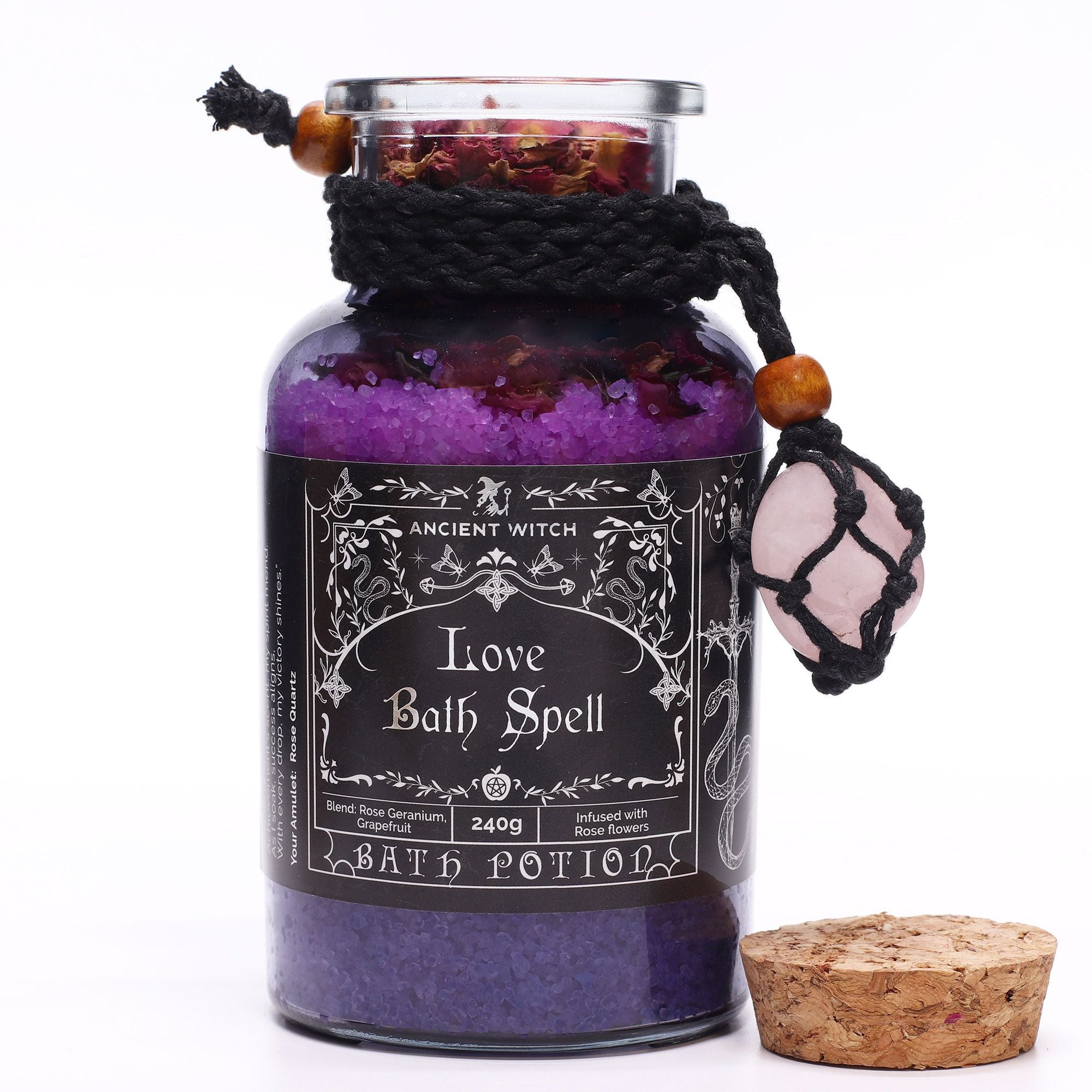 Poción Antiguo Hechizo de Baño de Bruja y amuleto de cristal de cuarzo rosa - Amor