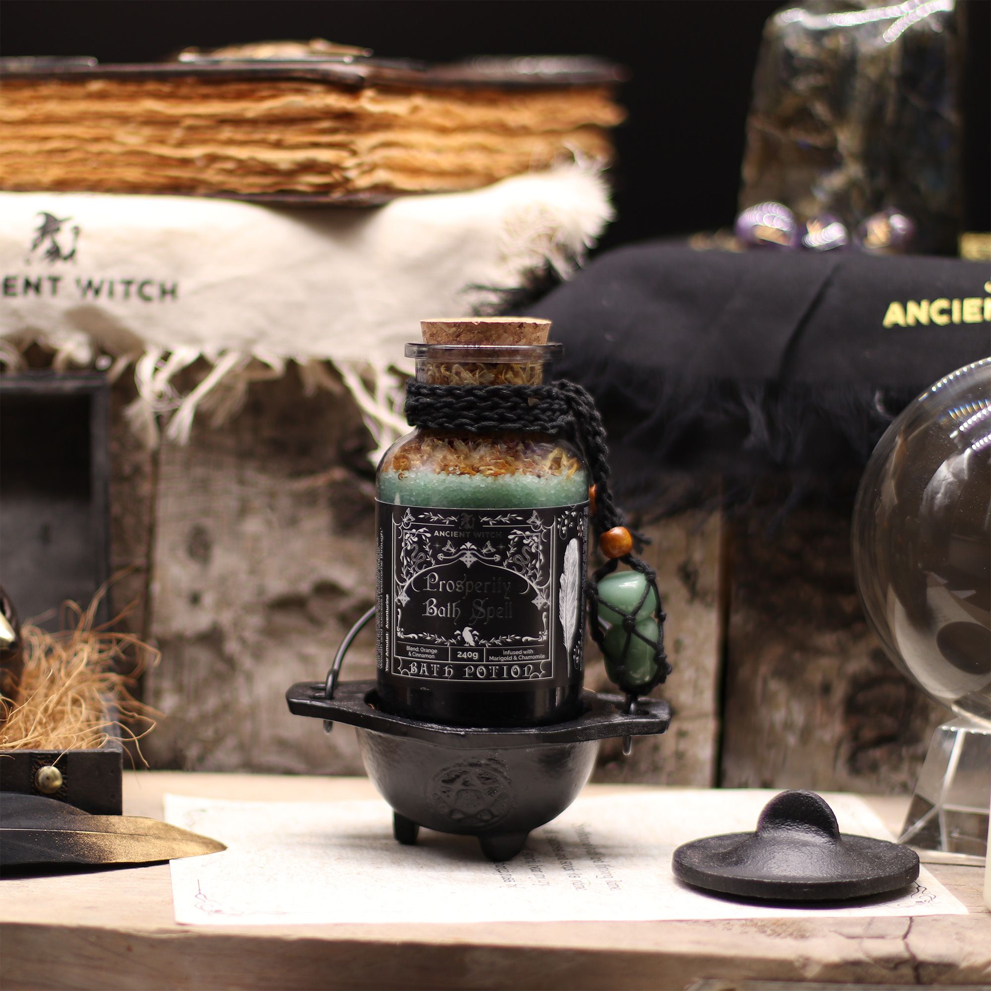 Poción Antiguo Hechizo de Baño de Bruja y amuleto de cristal de aventurina - prosperidad