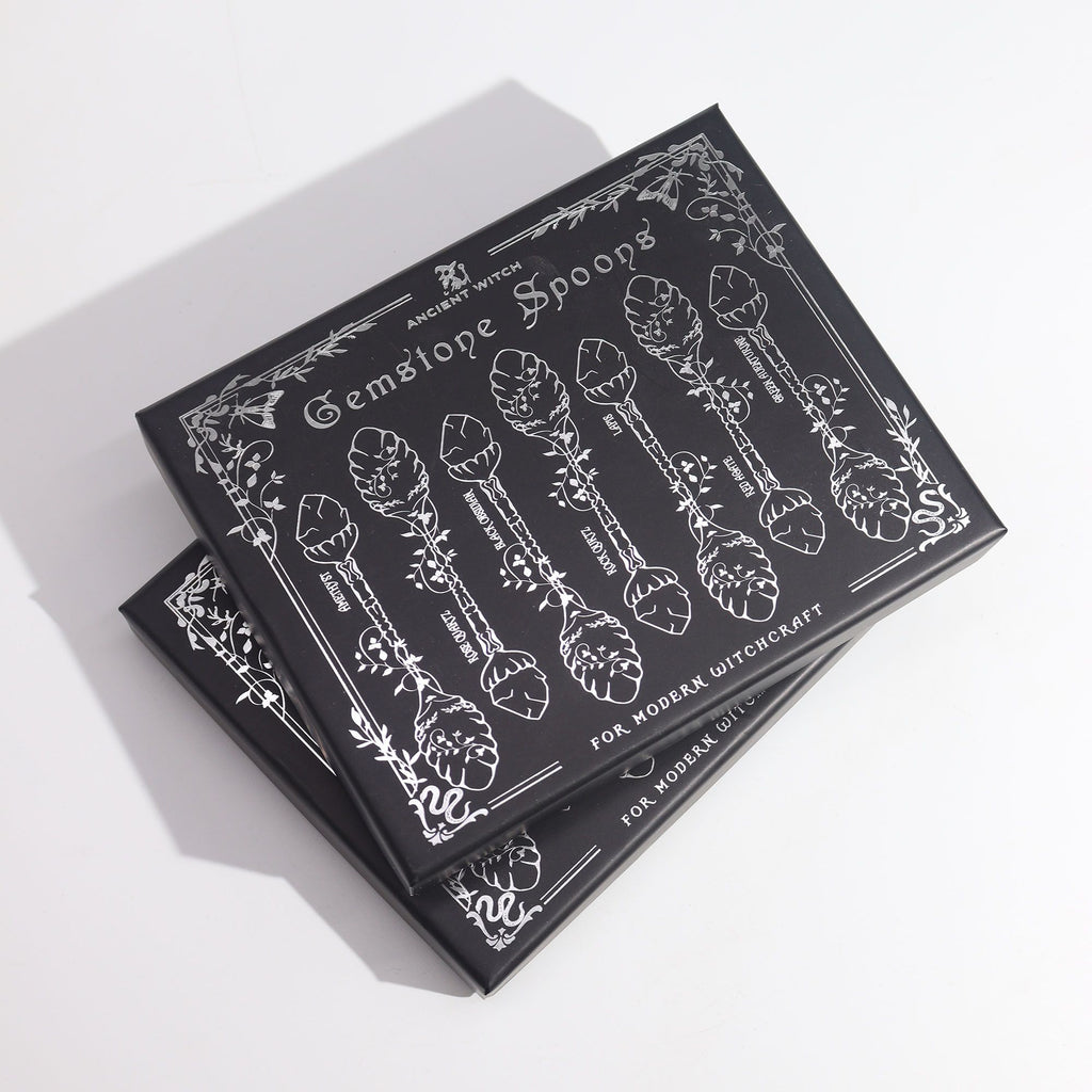 Set de 7 Cucharas de Bruja de Cristal con Piedra Preciosa de Bronce