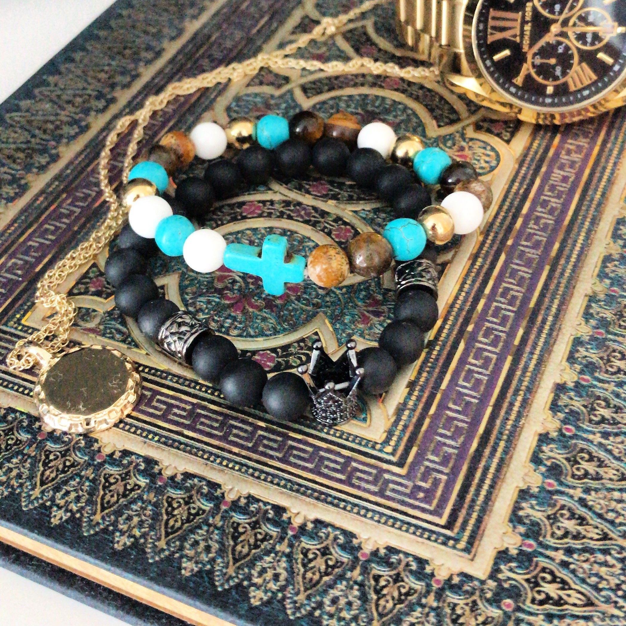 Calavera de bronce / Piedra de sangre - Pulsera de piedras preciosas