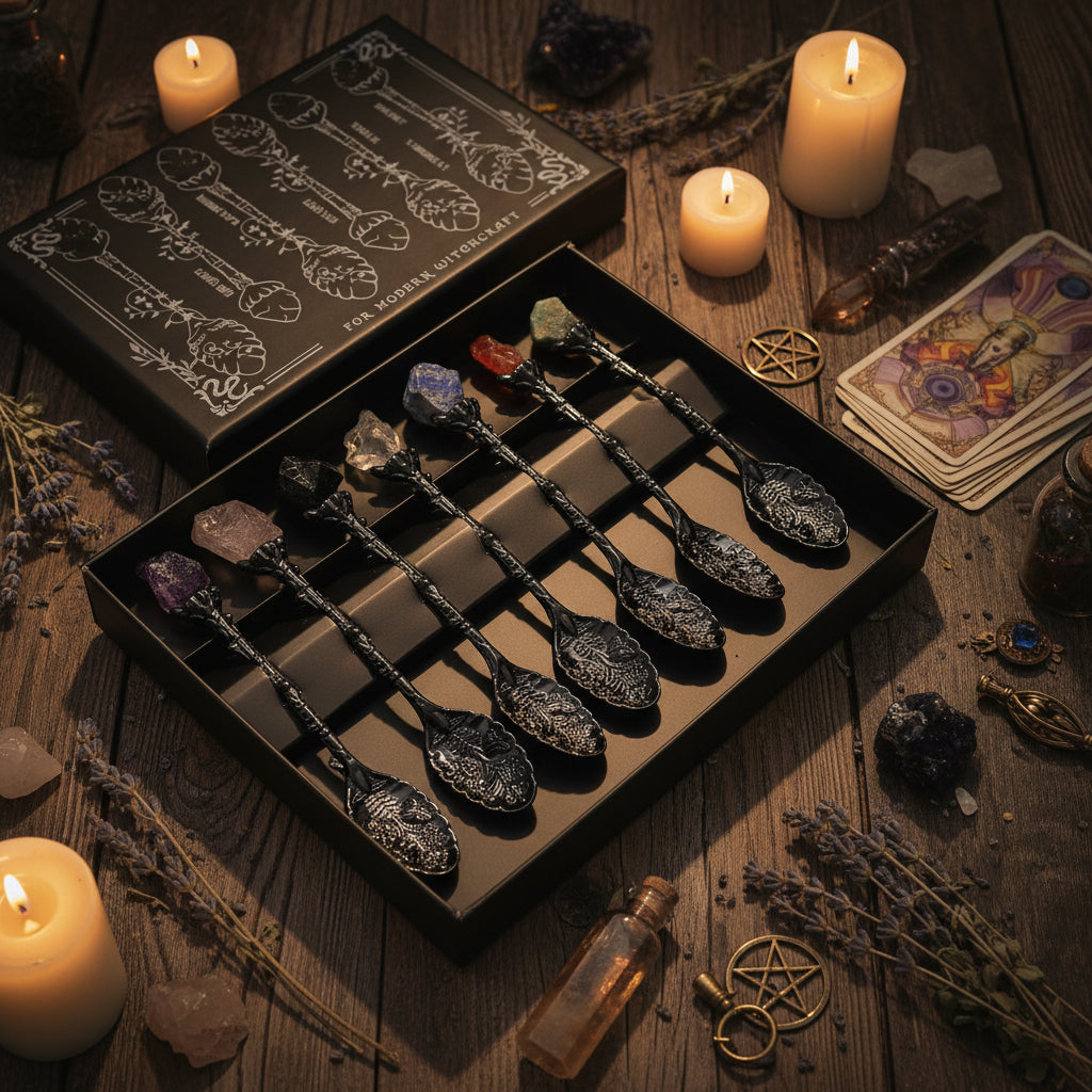 Juego de 7 Cucharas de Bruja de Cristal de Piedra Preciosa de Plata Oscura