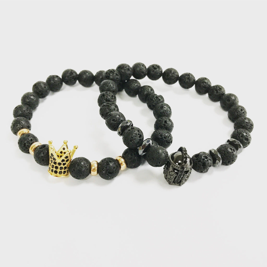 Corona de cristal / Ágata negra - Pulsera de piedras preciosas