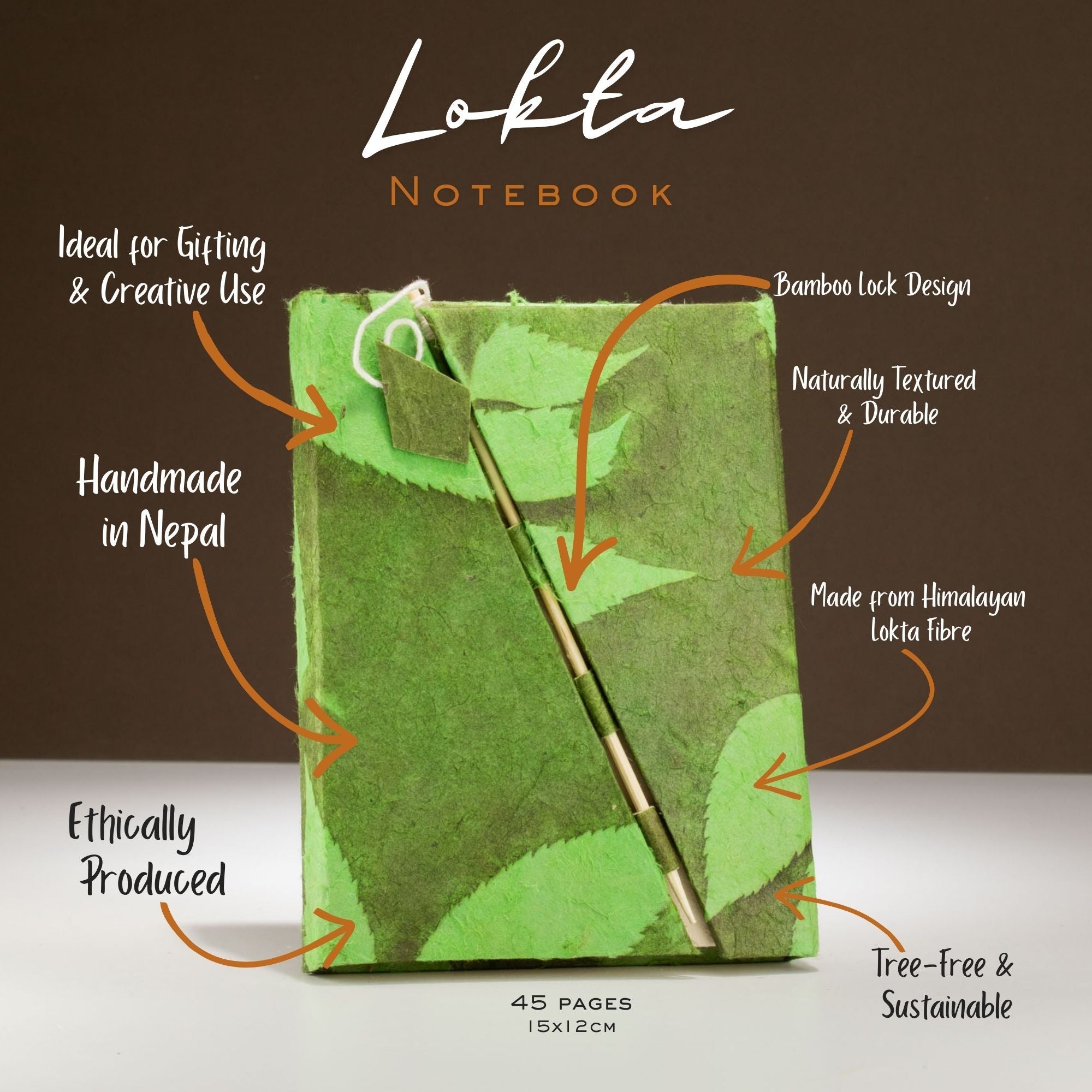 Lokta Bold Floral Bamboo Lock Notebook – Mediano (15x12cm) – 45 Hojas – Verde musgo