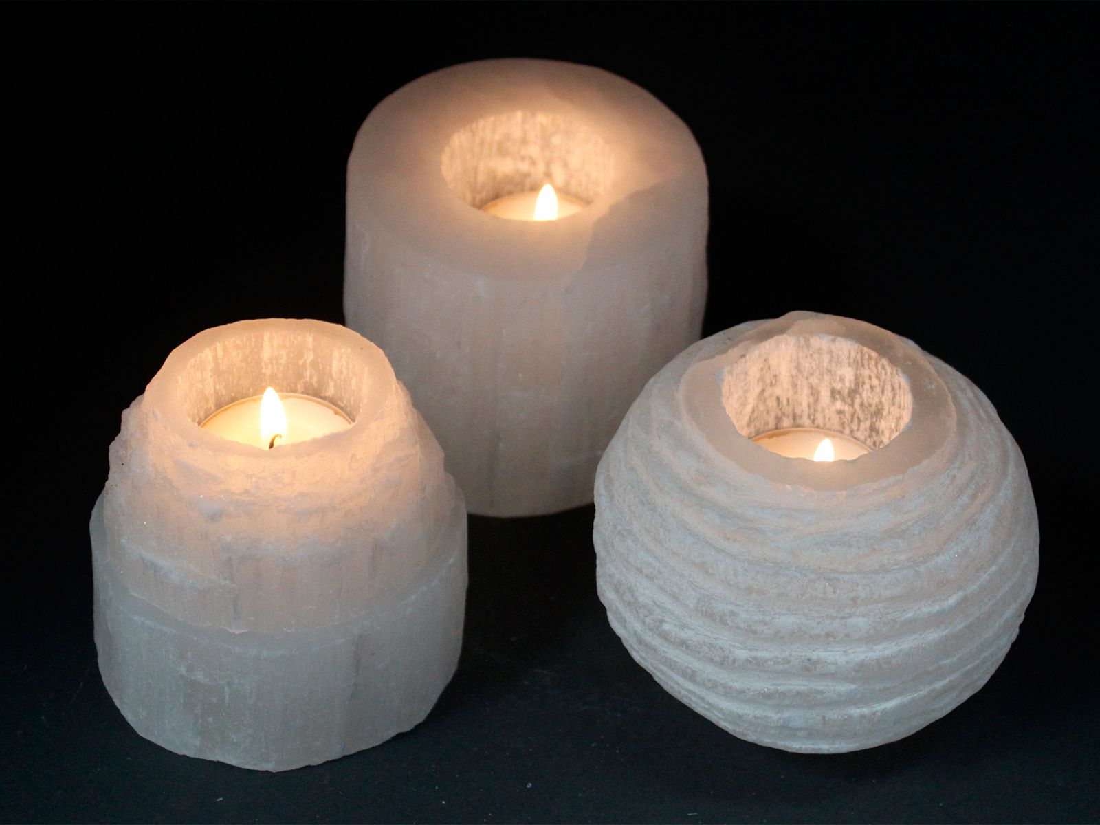 Candelero de Selenita Natural – Porta Velas de Energía y Luz ( 8 modelos diferentes )