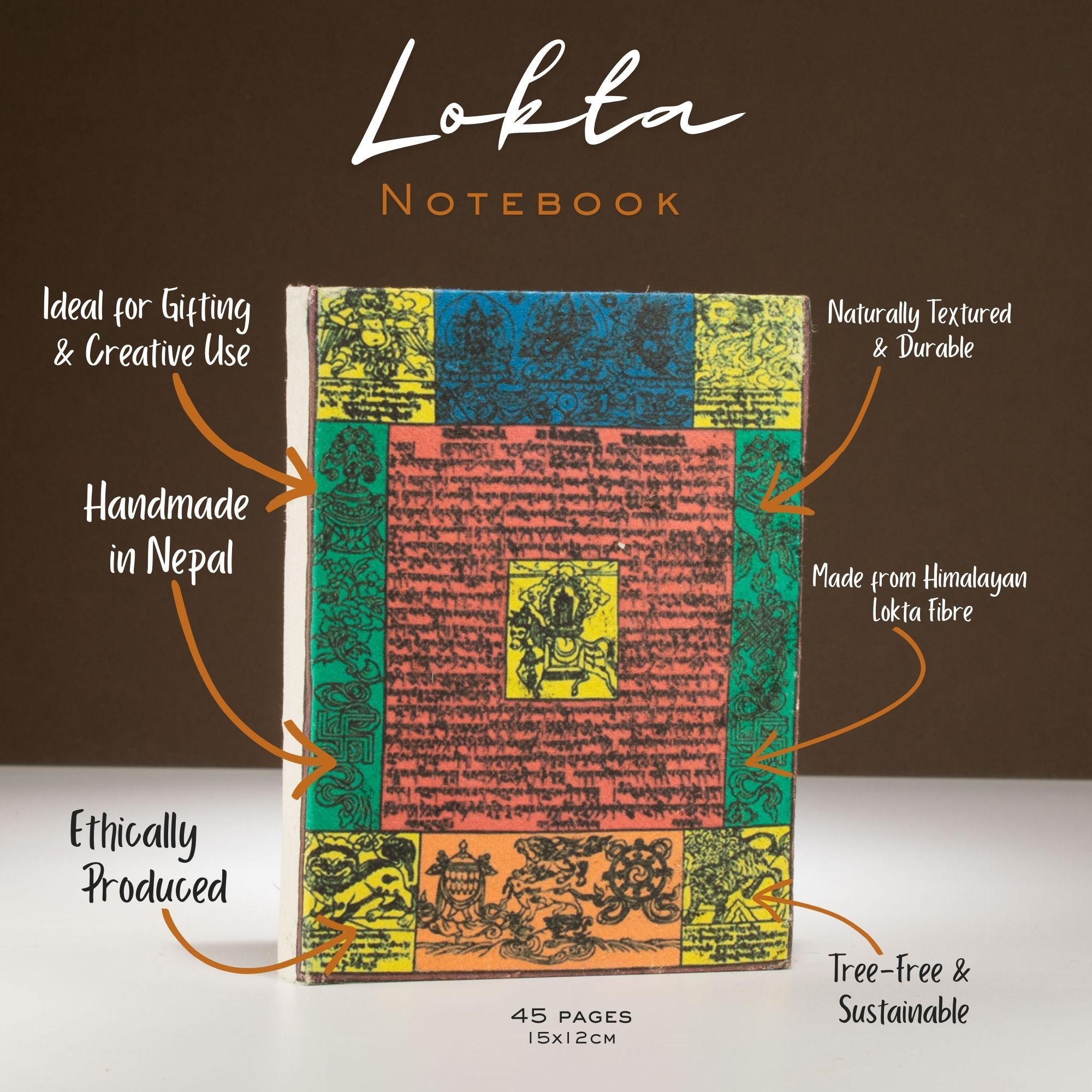Cuaderno de banderas de oración de lokta tradicional – Mediano (15x12 cm) – 45 hojas – Natural