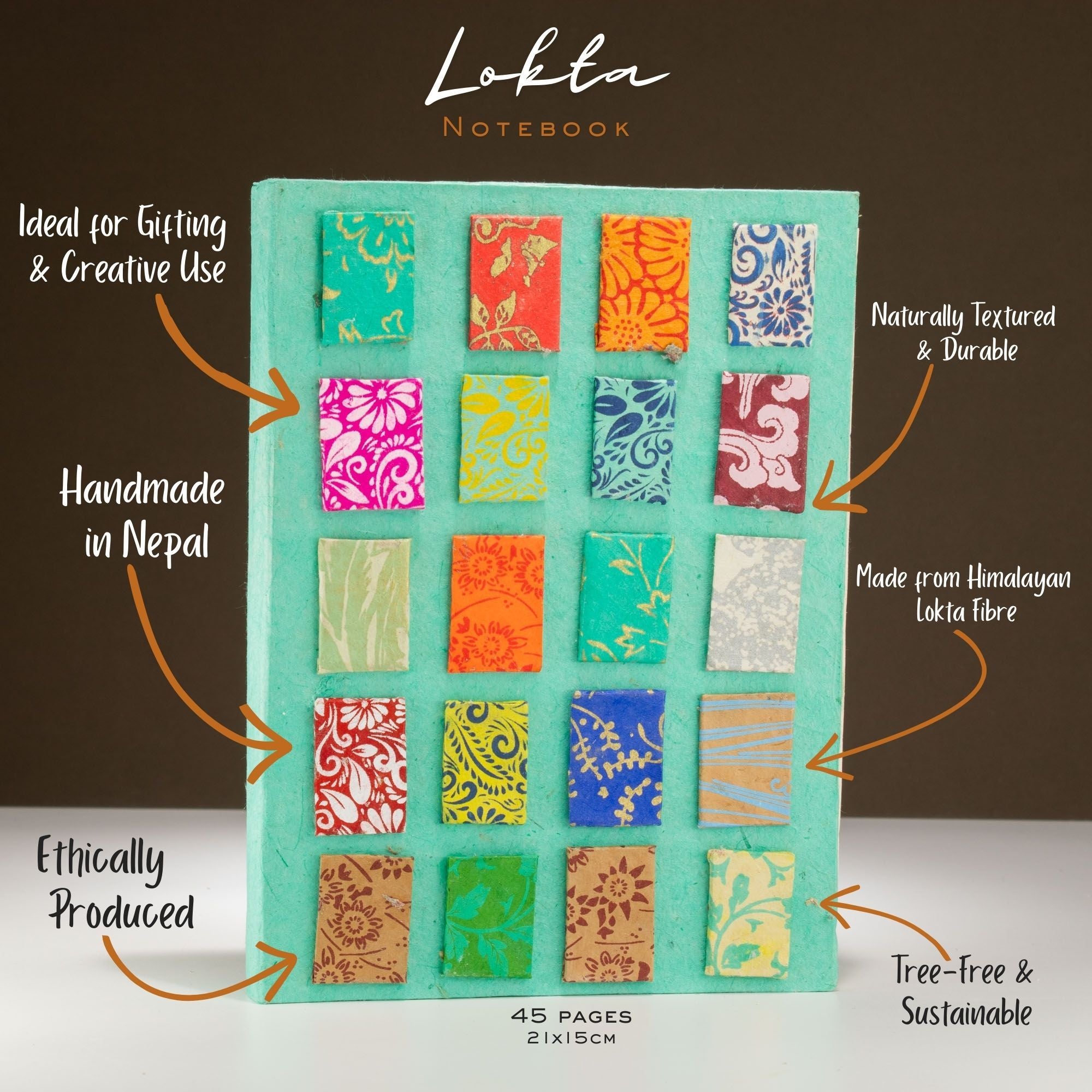 Cuaderno Lokta Mini Tiles – Grande (21x15 cm) – 45 Hojas – Incluye Marcapáginas – Turquesa