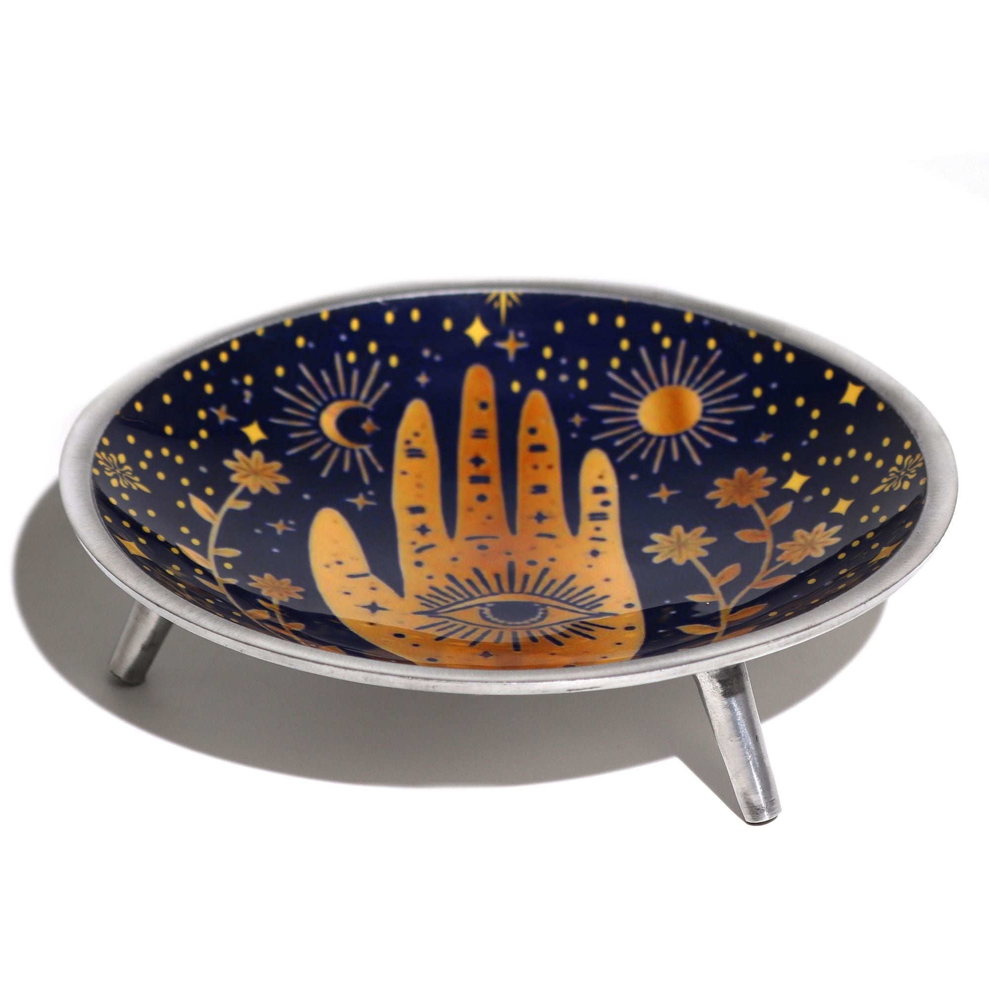 Plato de ofrenda esmaltado de tres patas - Hamsa azul medianoche