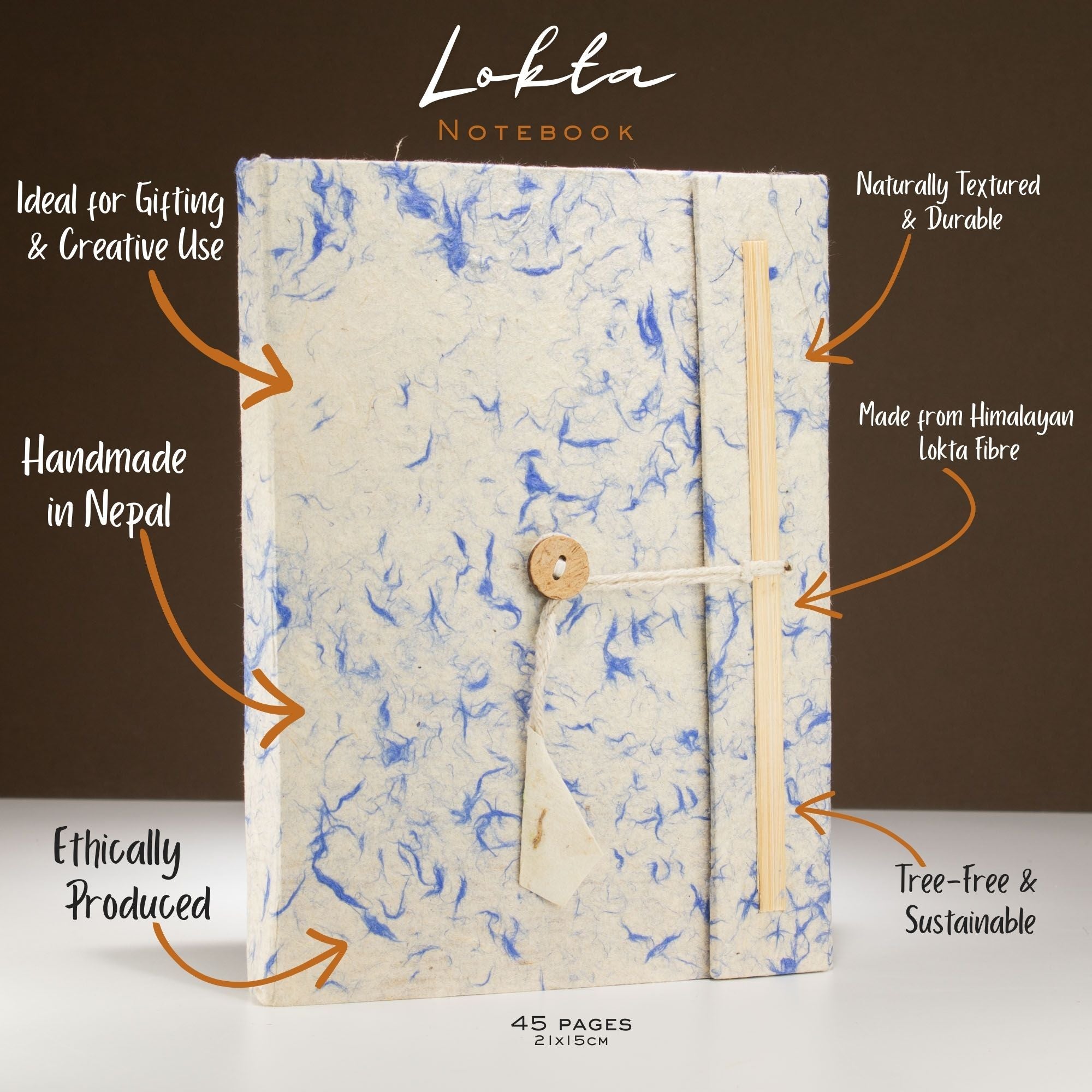 Cuaderno de algodón azul mixto Lokta grande (21x15cm) - 45 hojas - incluye marcador