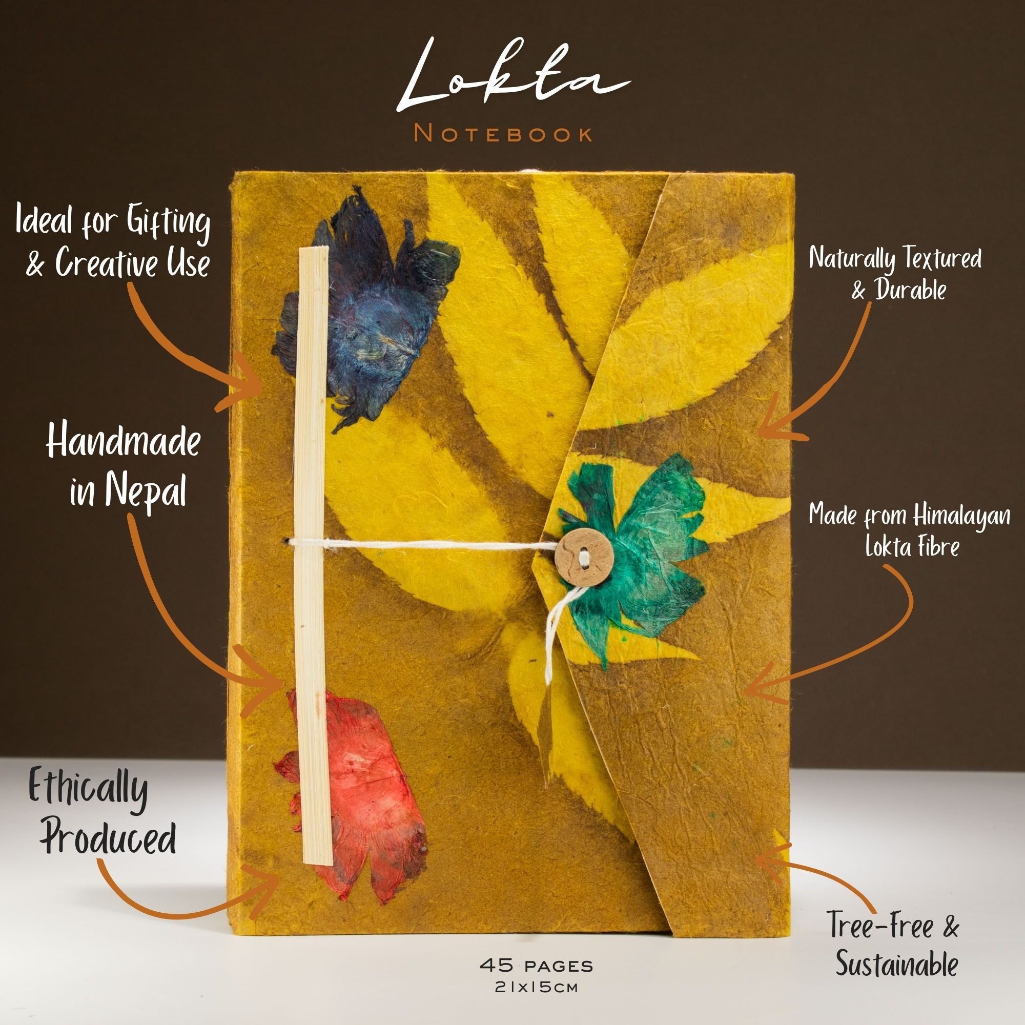 Lokta Bold Floral Notebook – Grande (21x15cm) – 45 hojas – Incluye marcapáginas – Oliva