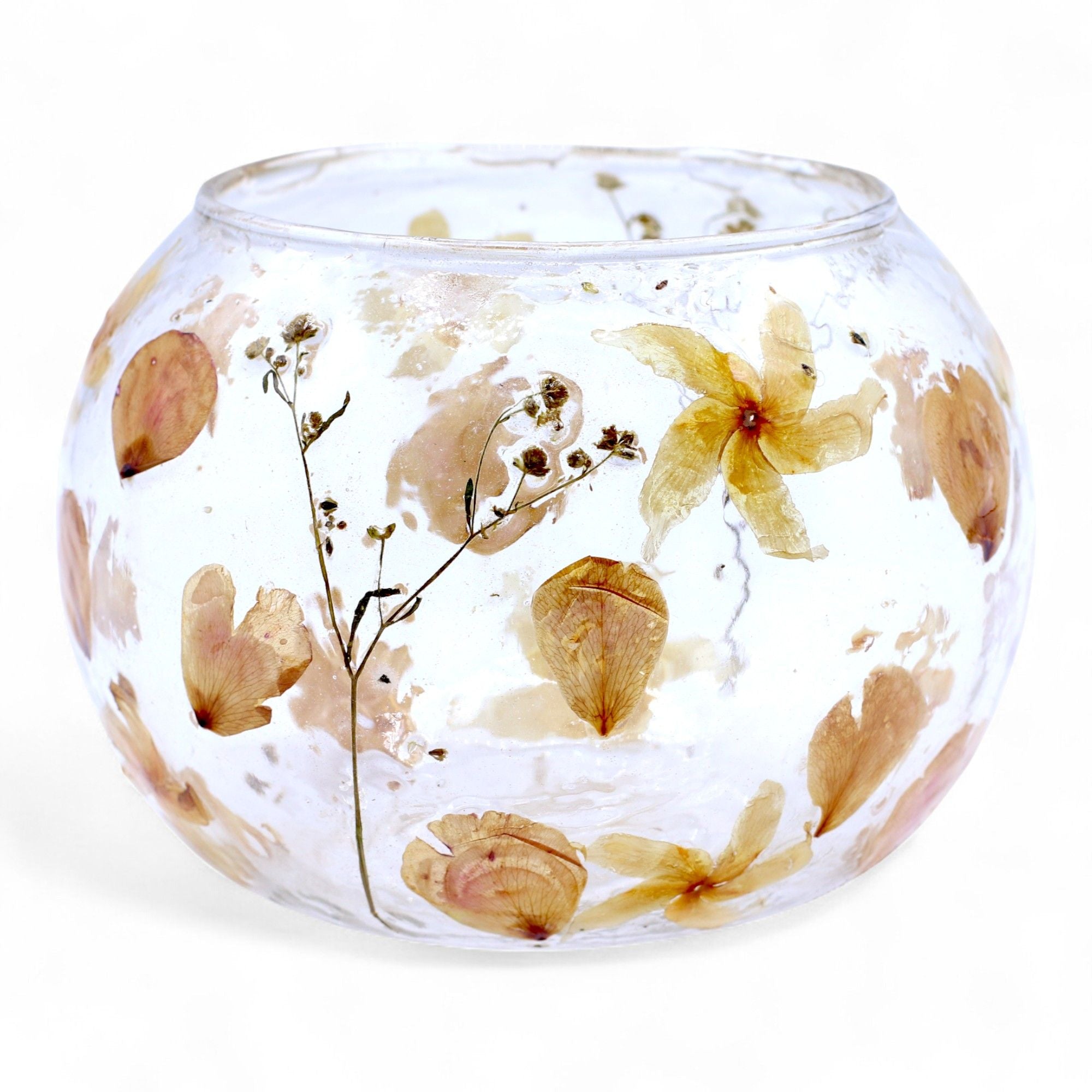 Portavelas de Vidrio floral natural - Cuenco grande rosa - (12x13cm)