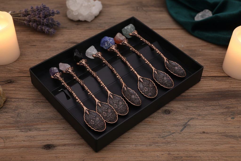 Set de 7 Cucharas de Bruja de Cristal con Piedra Preciosa de Bronce