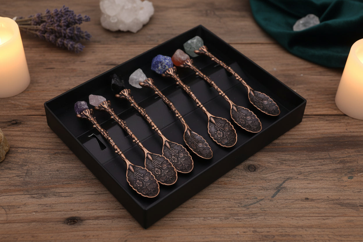 Set de 7 Cucharas de Bruja de Cristal con Piedra Preciosa de Bronce