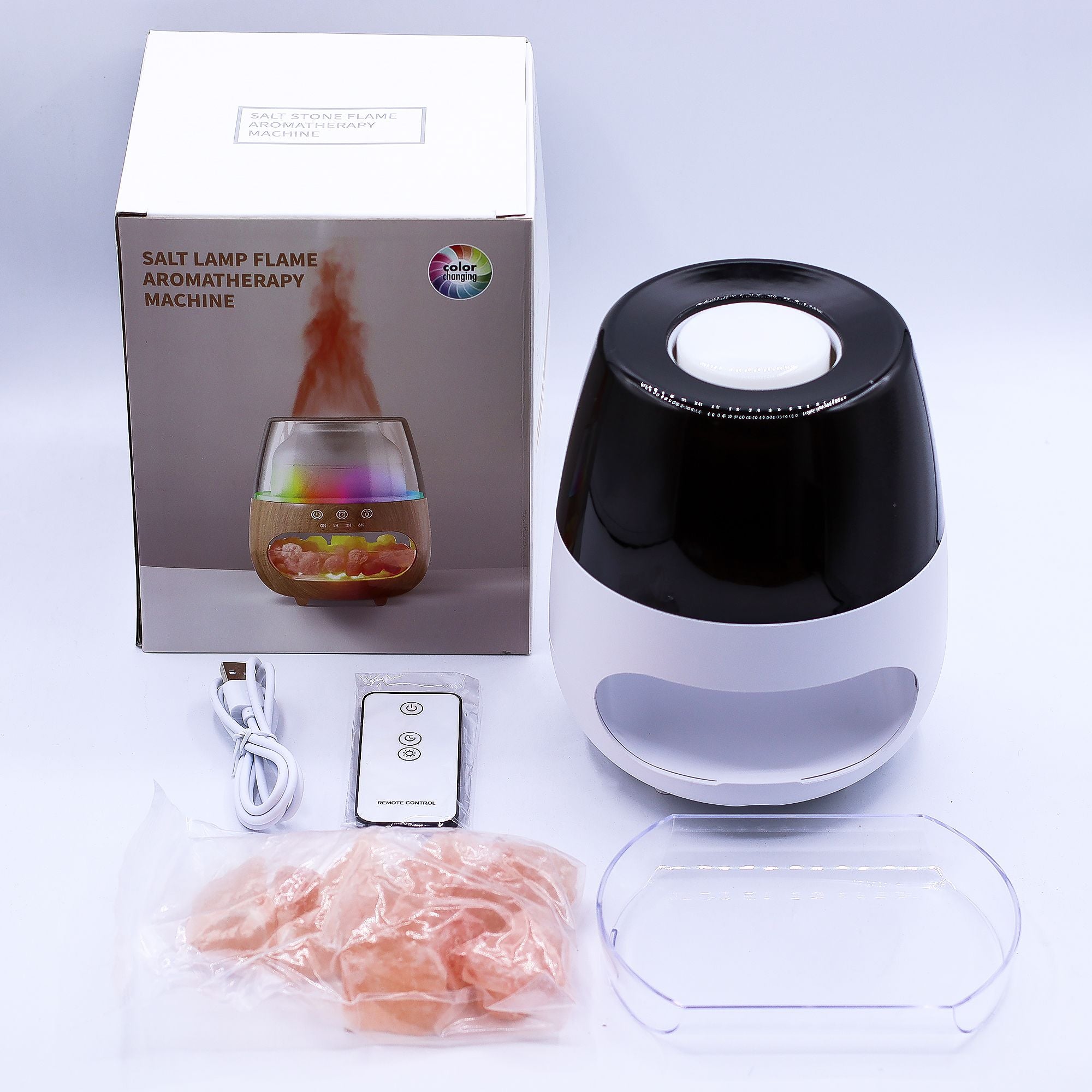 Difusor de aroma con efecto de llama de piedra de sal - USB blanco - Cambio de color y temporizador