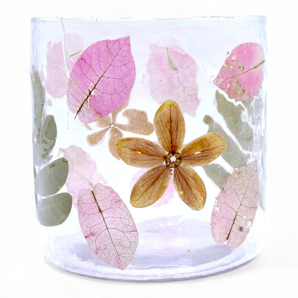 Portavelas recto de Vidrio con flores naturales  - Primavera -  (8x8cm)