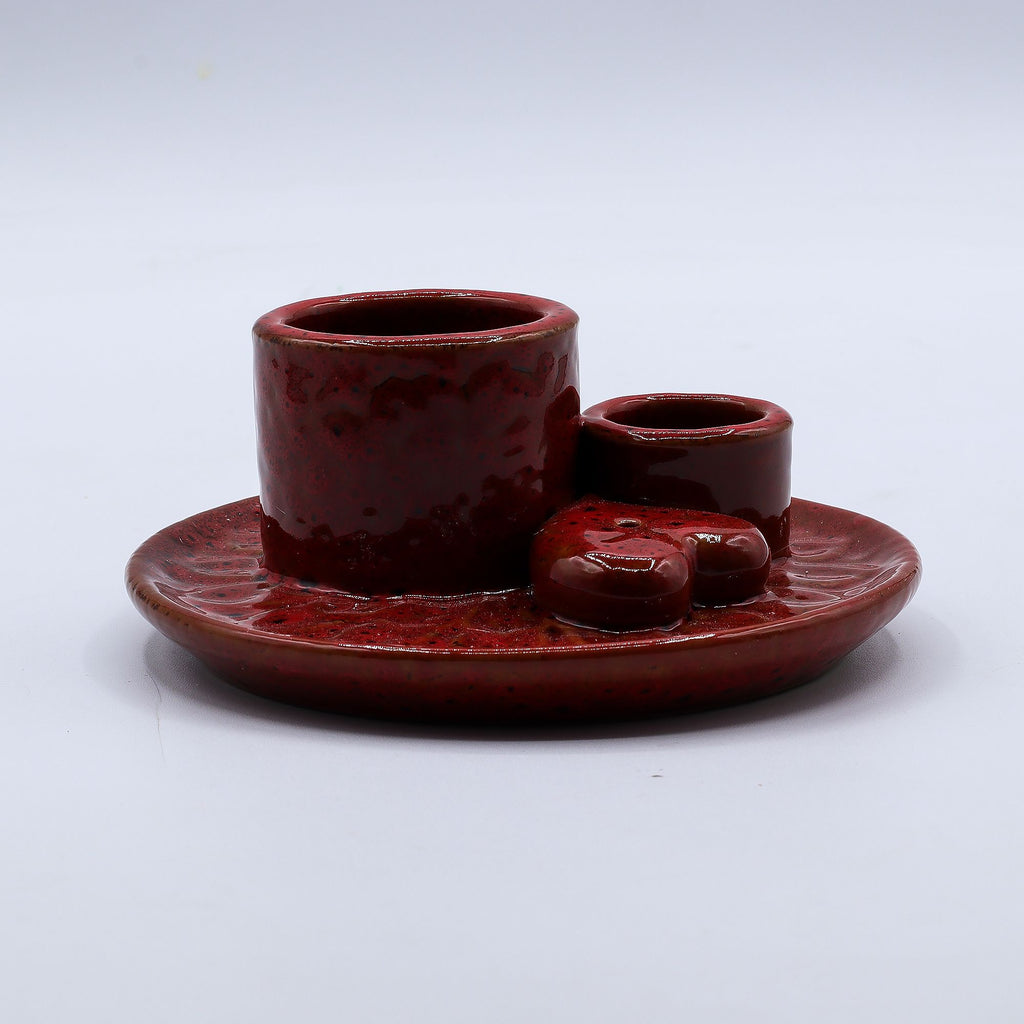 Soporte cerámico para Palo Santo e Incienso - Mandala - Rojo con brillo en forma de corazón