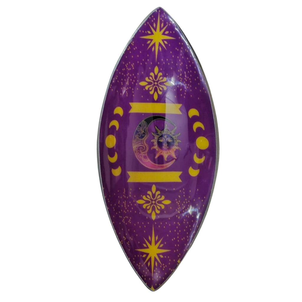 Porta Inciensos esmaltado de aluminio con fases del sol y la luna en tonos morados.