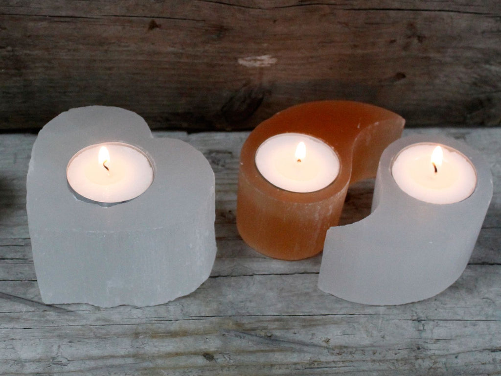 Candelero de Selenita Natural – Porta Velas de Energía y Luz ( 8 modelos diferentes )